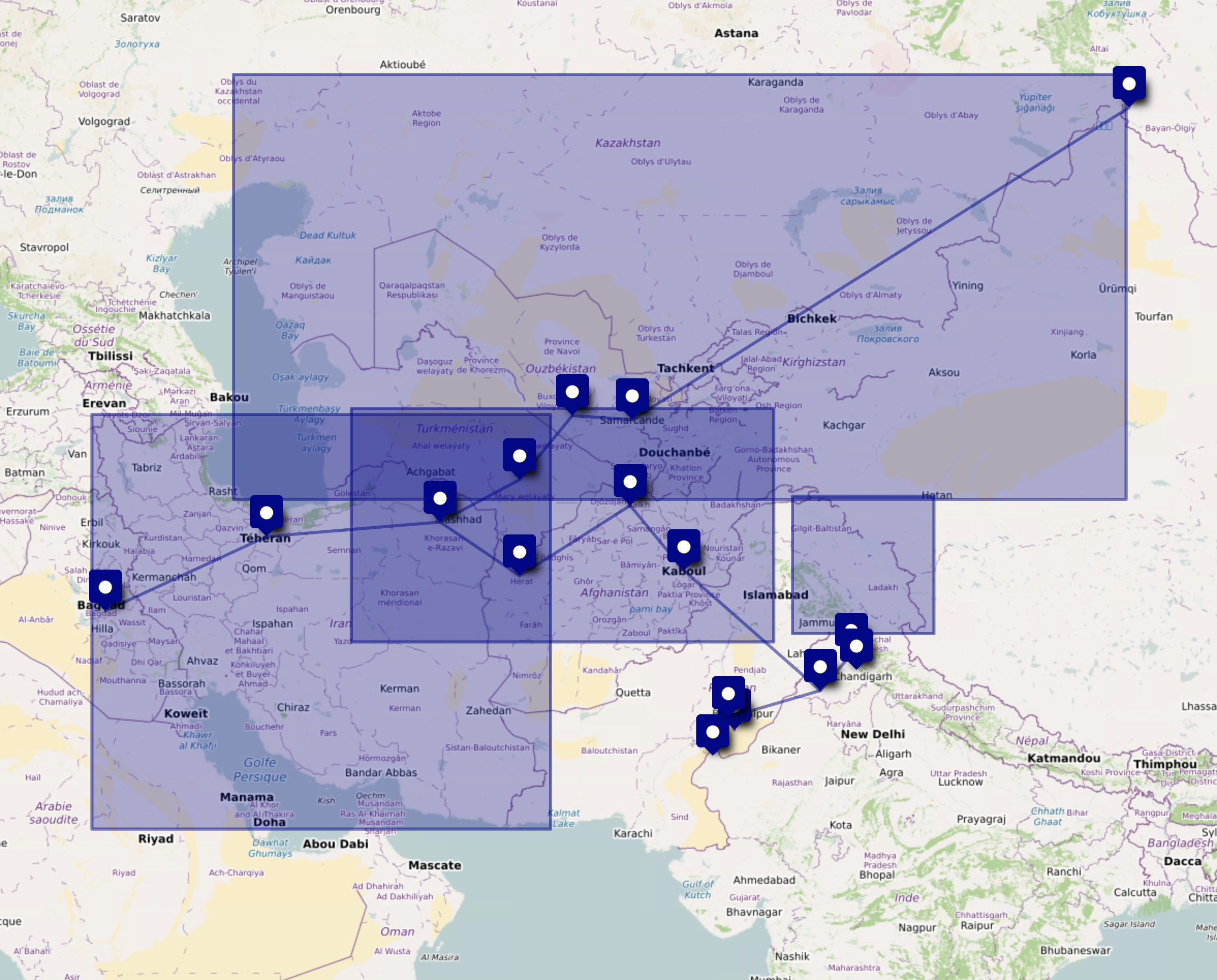 Varaha migration map &mdash; full OpenStreetMap with all 16 cities, four regional polygons (Turkic Khaganate, Khorasan, Iran, Kashmir), and the colour-coded migration routes from Altai through Sogdiana, Khorasan, Kabul, Bhatinda to Ambota with the Cholistan branch
